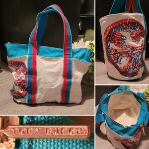 Tory Burch Ivory Blue Red Colorblock Zippered Canvas Tote Bag (Stained), 18"x15"